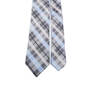 Perry Portfolio Plaid 100% Silk Men's Necktie Blue Gray